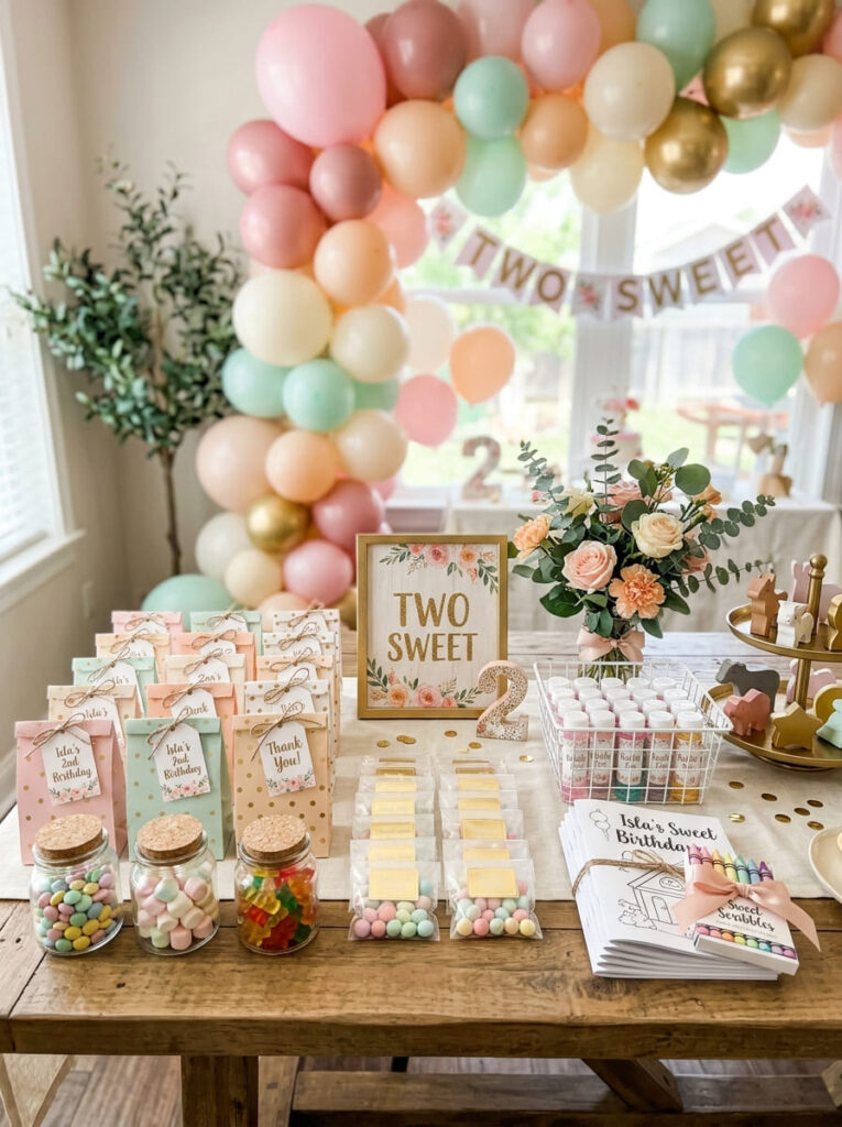 Two Sweet birthday favor display with pastel treat bags and little gifts