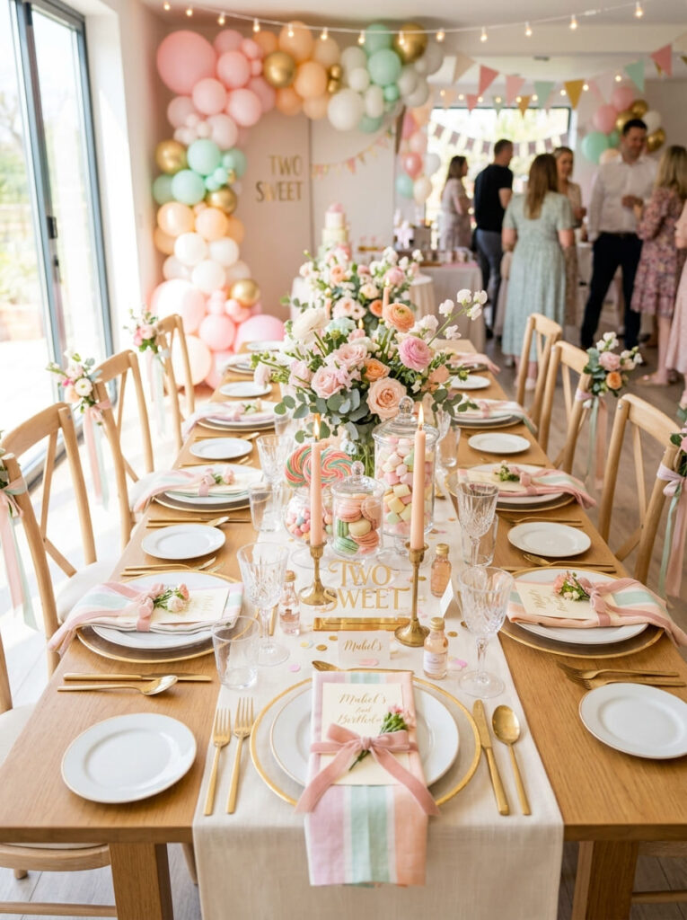 Two Sweet birthday guest table with pastel tableware and candy inspired decor
