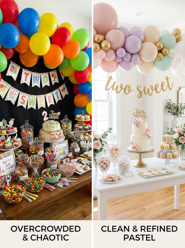Two Sweet birthday styling compared with a cleaner polished version