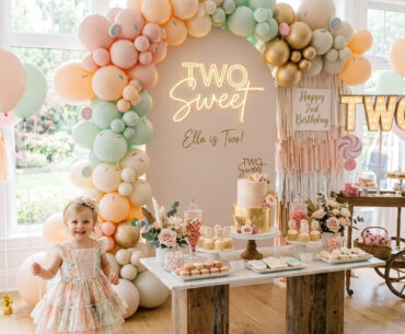 Two year old in a Two Sweet birthday outfit beside a stylish second birthday setup