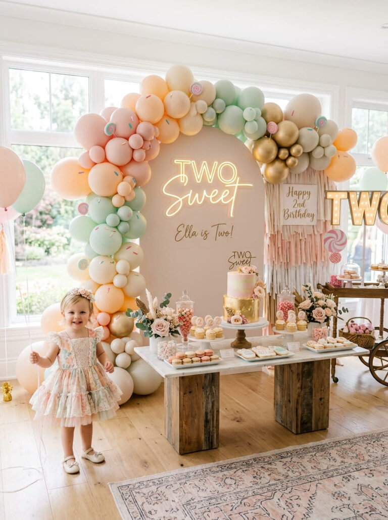 Two year old in a Two Sweet birthday outfit beside a stylish second birthday setup