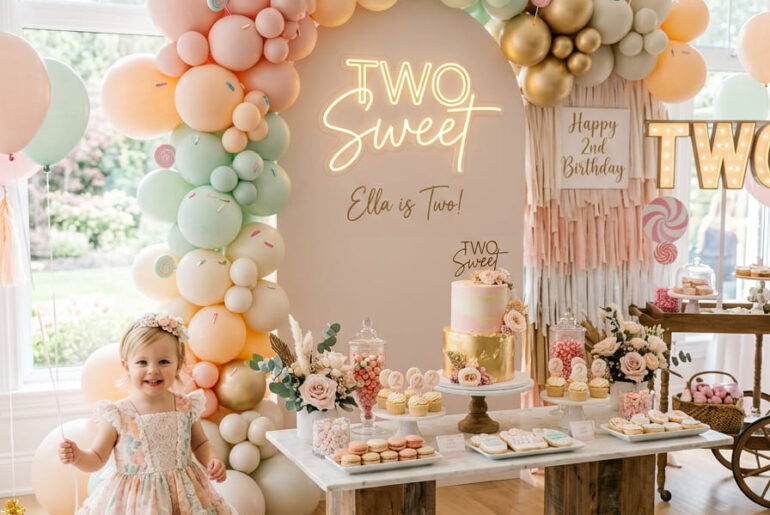 Two year old in a Two Sweet birthday outfit beside a stylish second birthday setup