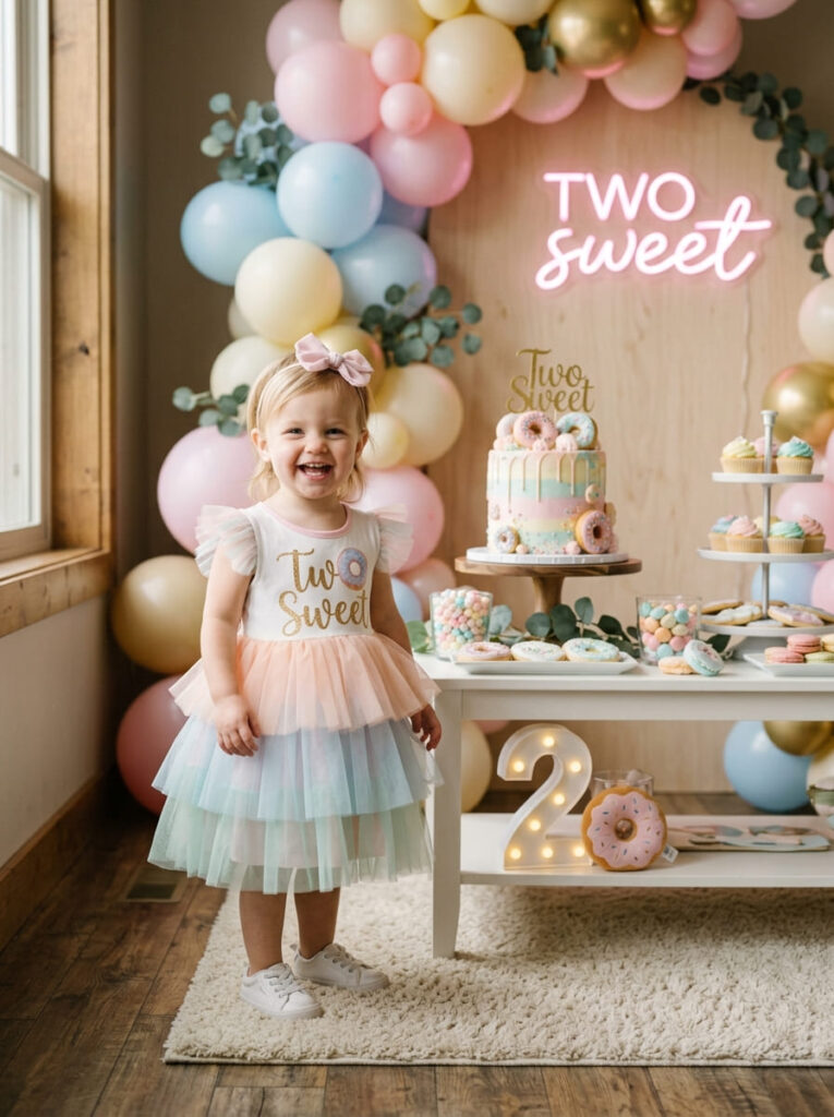 Two year old in a Two Sweet birthday outfit with a pastel bow