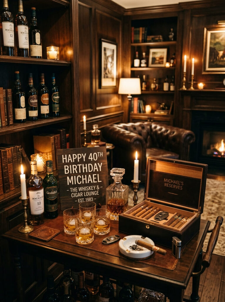 Whiskey and cigars birthday theme with moody masculine styling