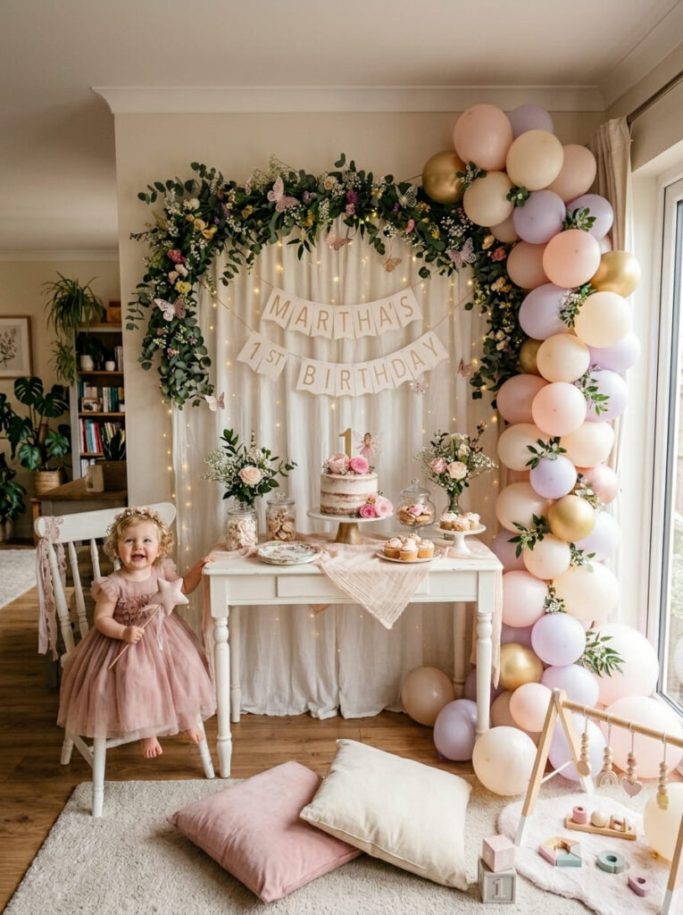 Budget-friendly fairy birthday setup with elegant backdrop and cake table