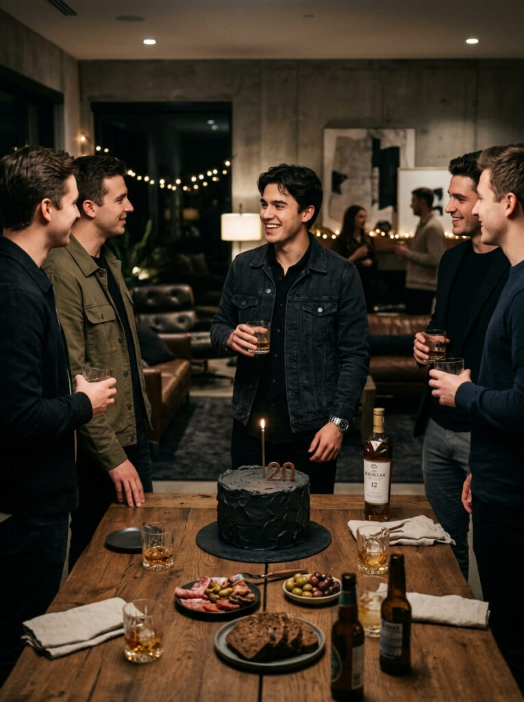 Modern minimalist men's at-home 20th birthday party with dark wood table and charcoal cake.