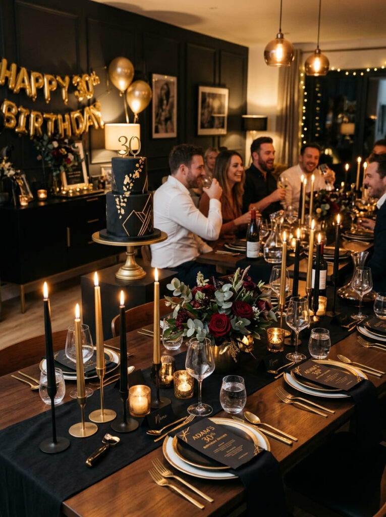 Black and gold men’s 30th birthday party at home with elegant dinner styling