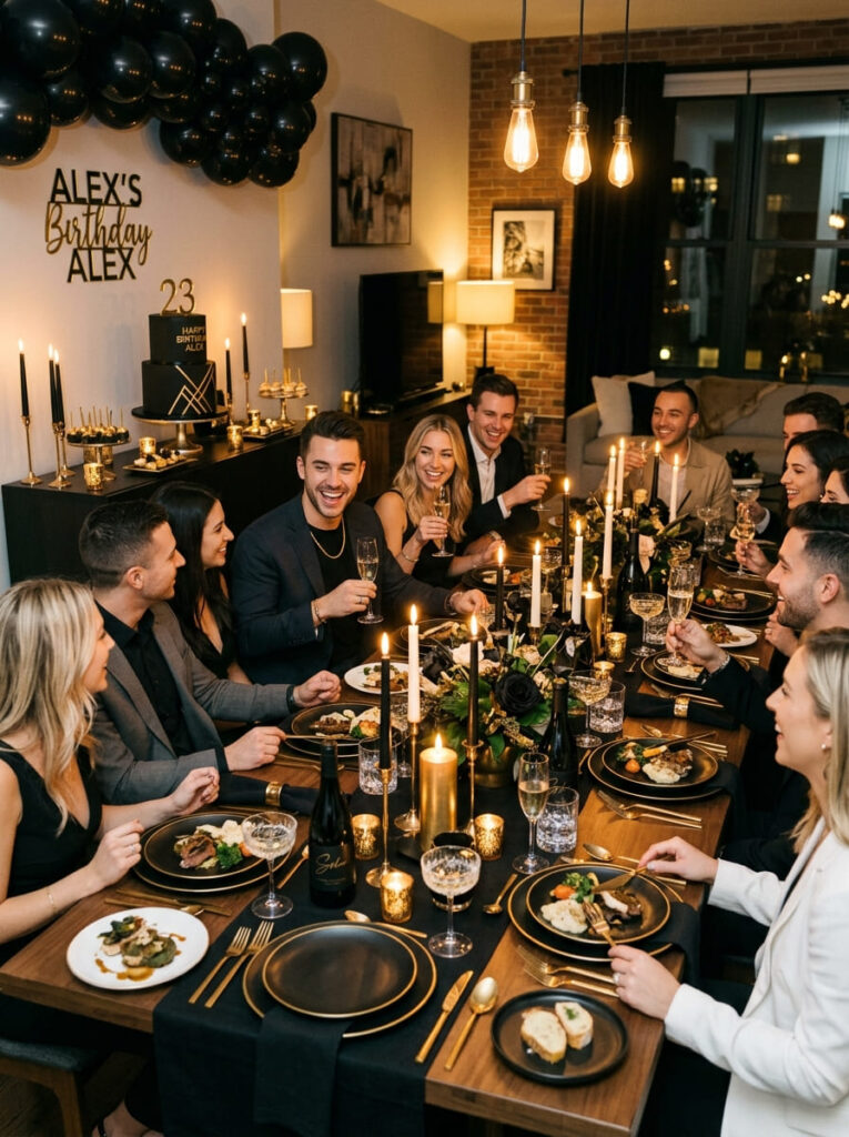 Black and gold men’s 23rd birthday party at home with elegant dinner styling

