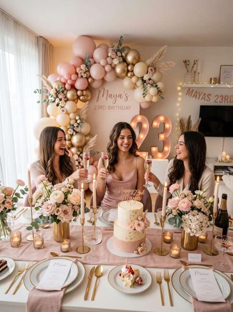 Pink and champagne 23rd birthday theme at home with soft elegant decor

