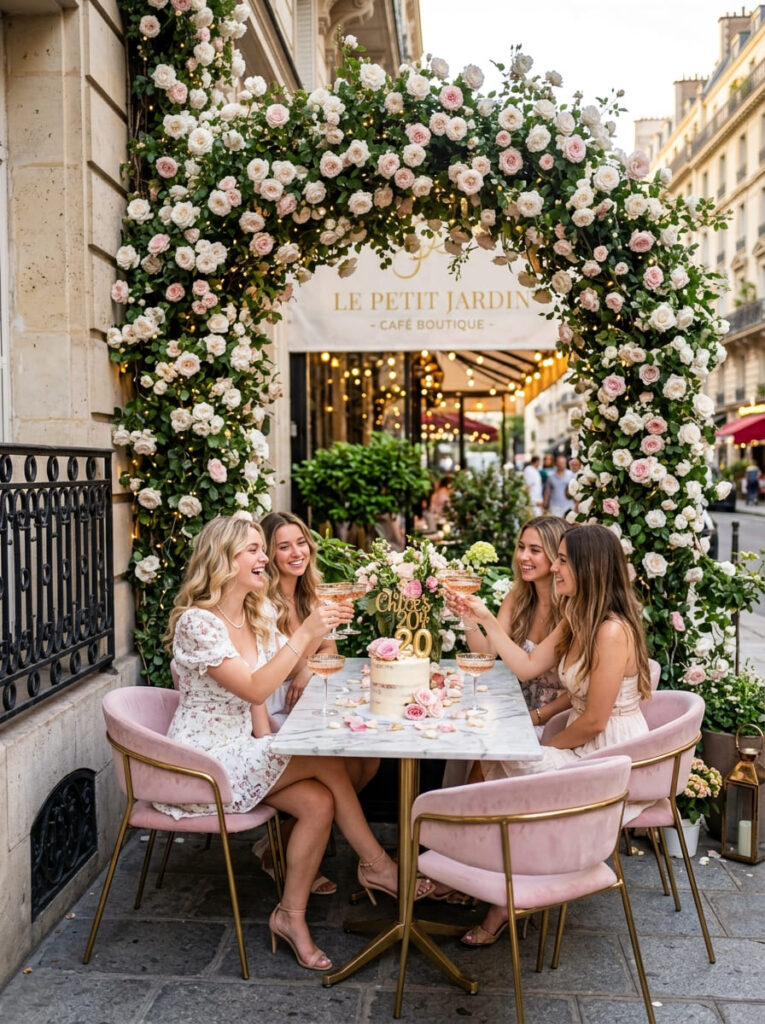 Chic Parisian cafΓ© themed birthday patio with pastel pink velvet chairs and climbing roses.