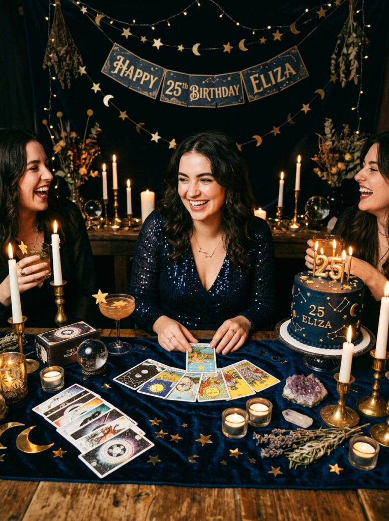 A mystical midnight blue and gold birthday theme with cosmic star decorations, candles, and tarot cards.