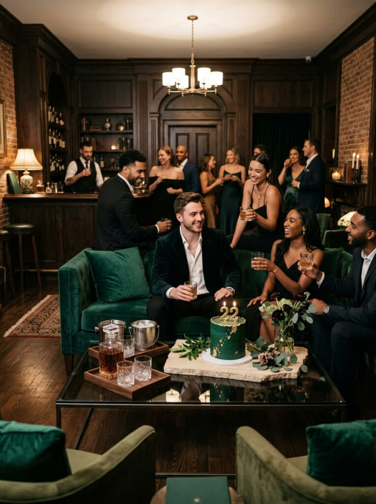 Emerald velvet and smoked glass birthday parlor with walnut trays.