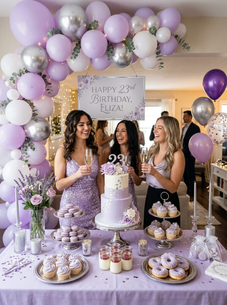 Lavender and silver 23rd birthday setup with dreamy feminine decor


