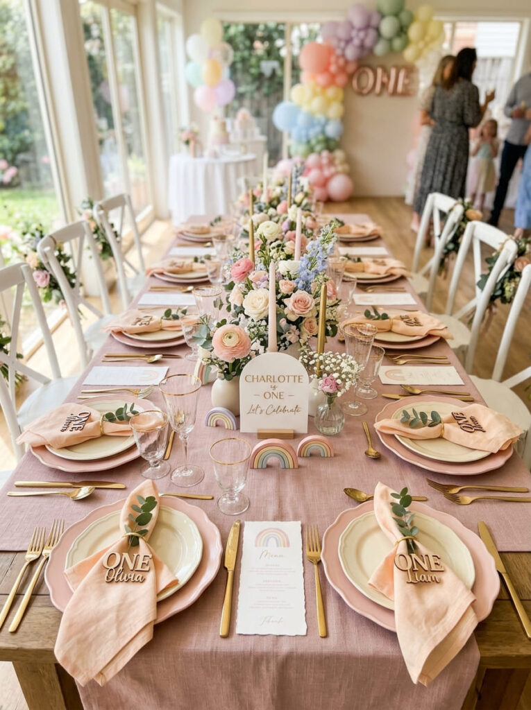 Pastel first birthday guest table with rainbow touches and so  styling