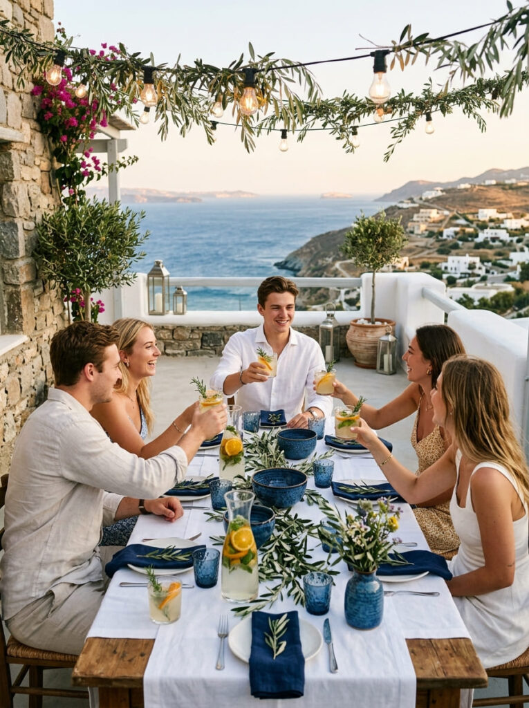 Breezy Mediterranean summer patio party with olive branches and blue pottery decor.