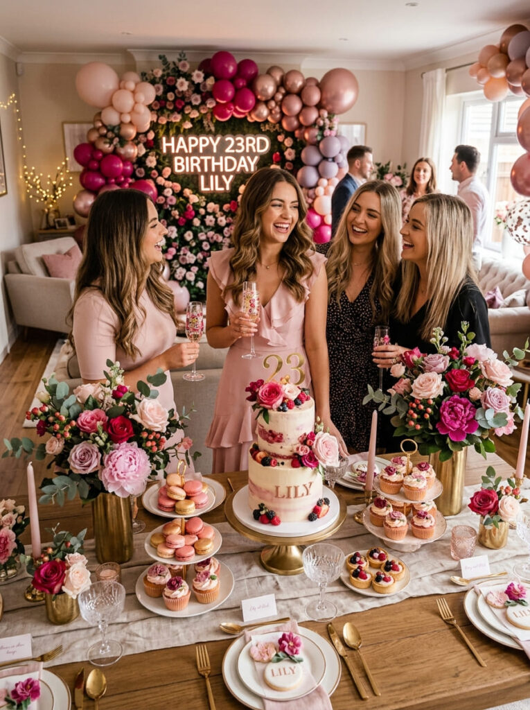 Berry and blush 23rd birthday party with rich pink tones and florals


