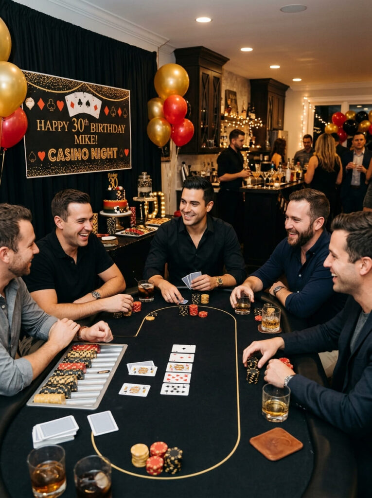 Casino night themed 30th birthday party with black, red, and gold accents