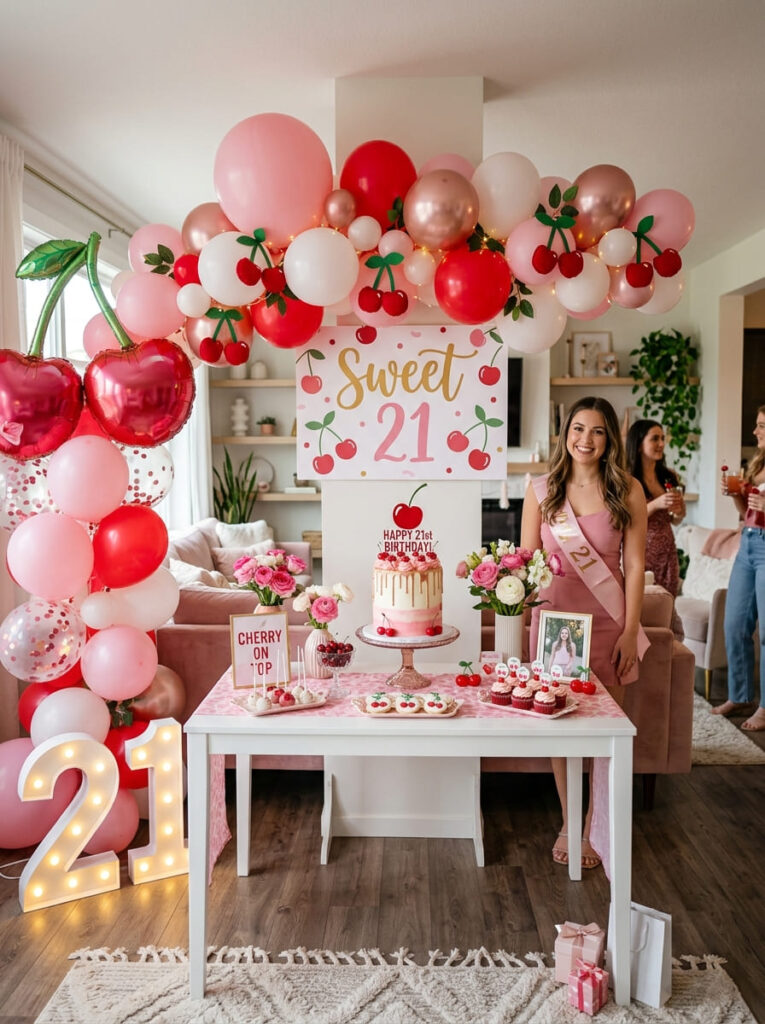 Cherry on top 21st birthday theme with red pink and white decor