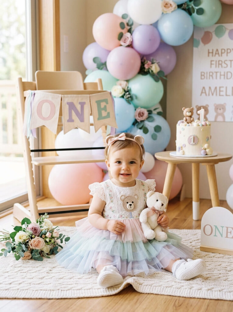 One year old in a pastel rainbow first birthday outfit with sweet bear detail