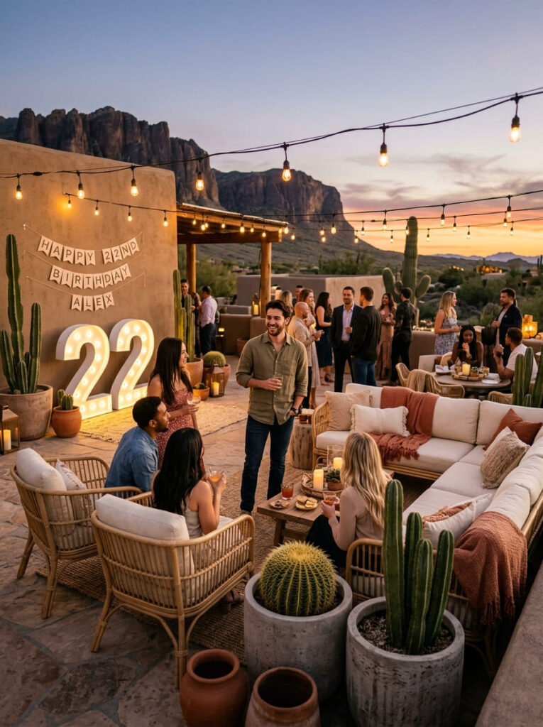 Outdoor desert dusk birthday terrace with rattan chairs and large cacti.