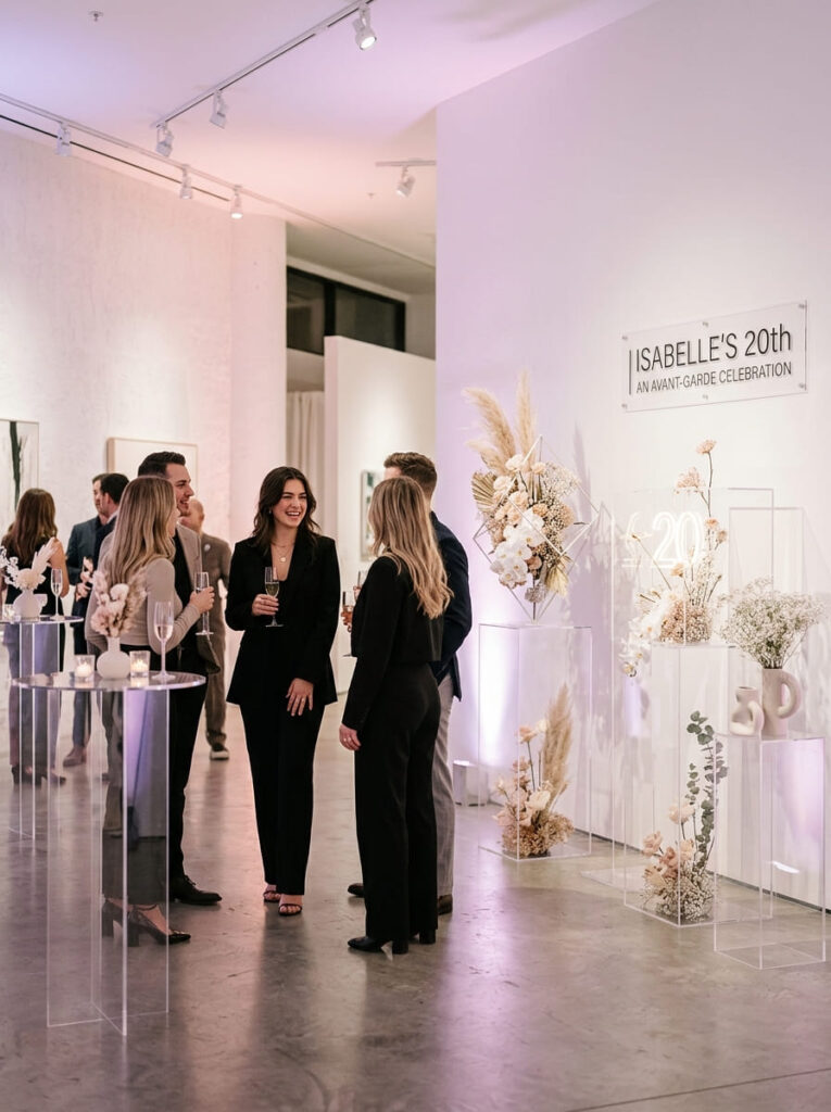High-fashion runway theme with clean white backdrops and acrylic display stands.