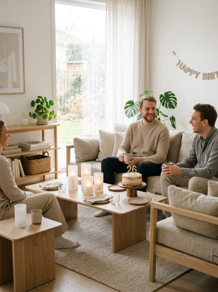 Scandinavian minimalist birthday studio lounge with light ash wood furniture.
