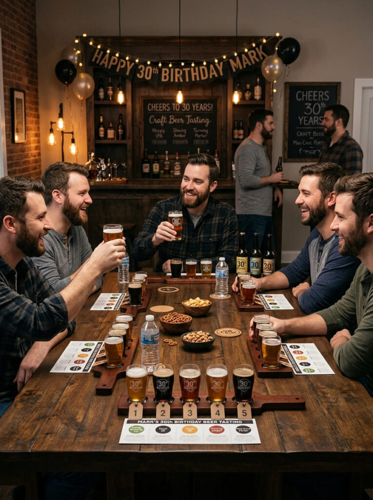 Beer tasting party setup with tasting glasses and dark wood details