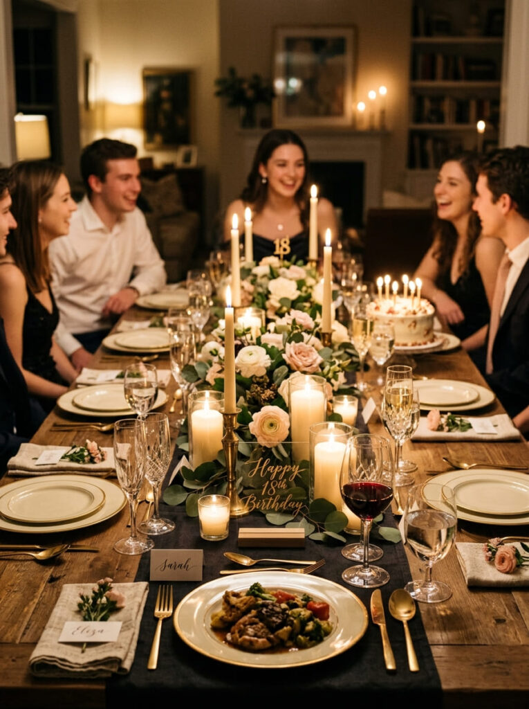 Candlelit 18th birthday dinner theme with warm elegant table styling