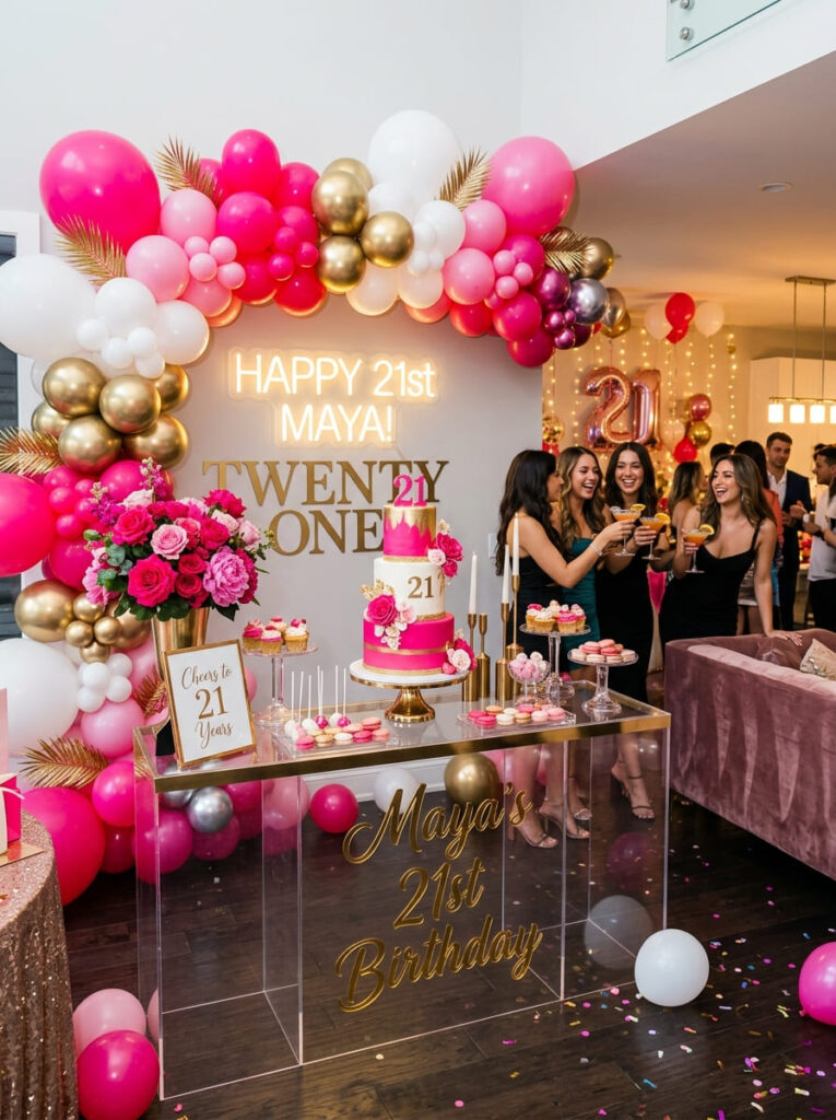 Hot pink luxe 21st birthday theme with bold feminine glam decor