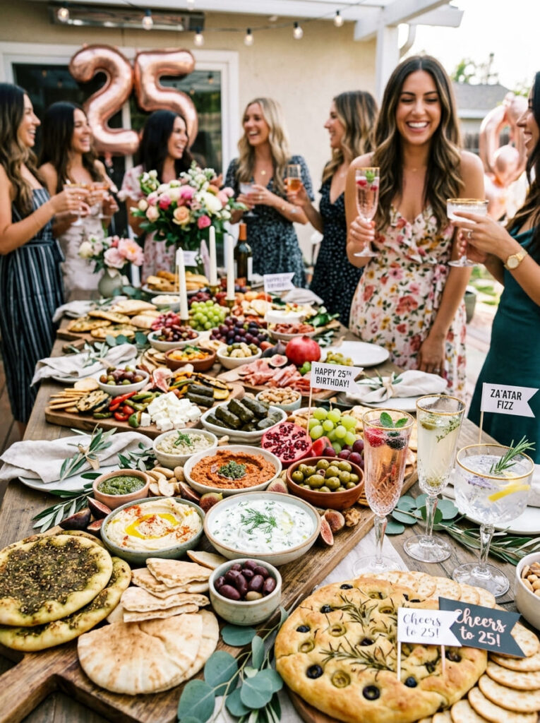 A large, colorful Mediterranean grazing table filled with flatbreads, dips, olives, and custom cocktails in crystal glassware.