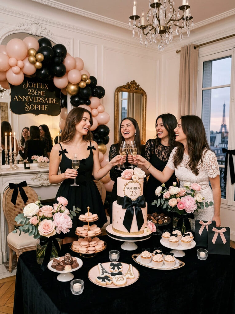 Parisian-inspired 23rd birthday party with chic blush, black, and floral styling

