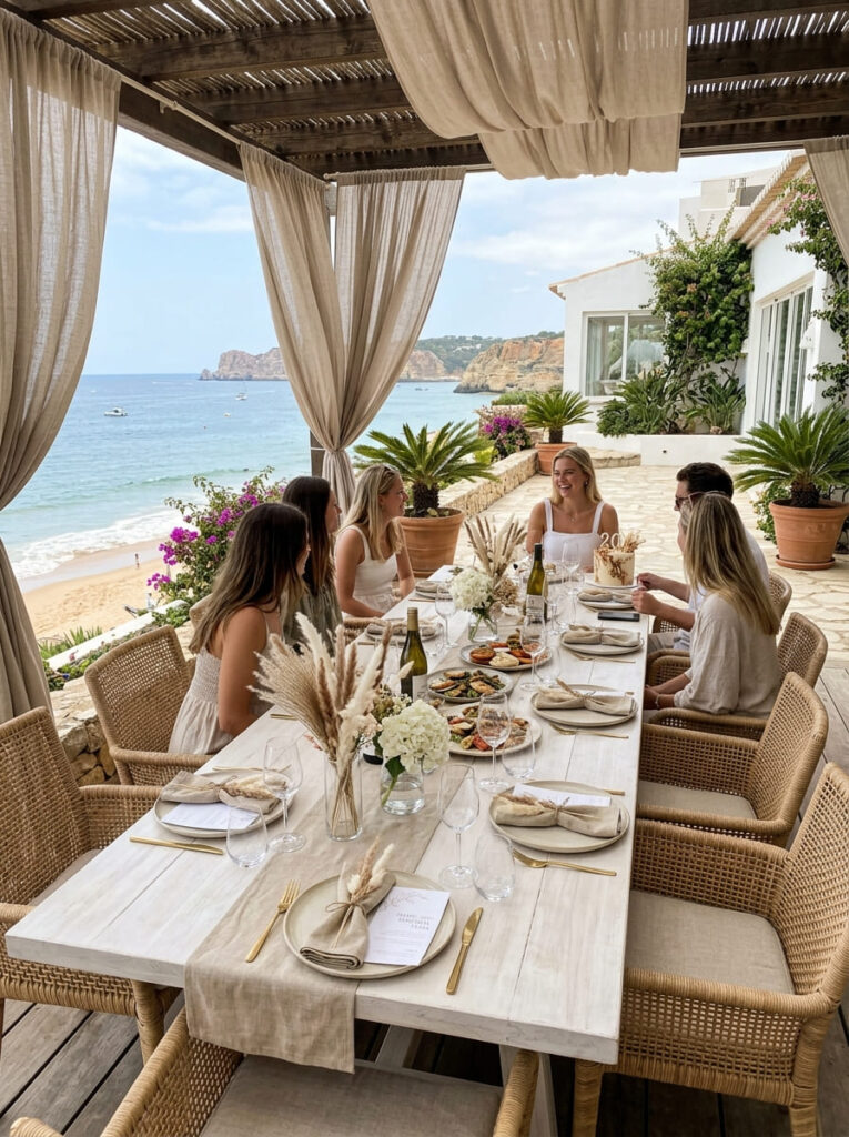 Upscale coastal estate birthday setup with neutral linens and rattan chairs.