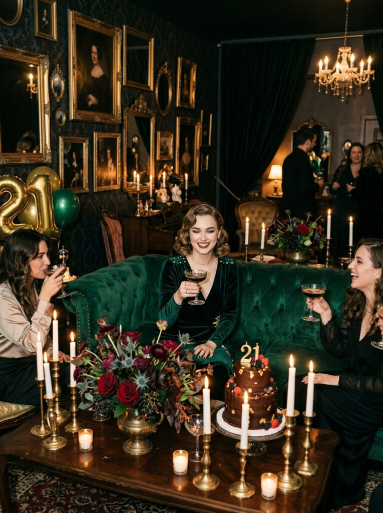 Moody dark romantic tablescape featuring burgundy silk runners, black taper candles, and dark roses.
