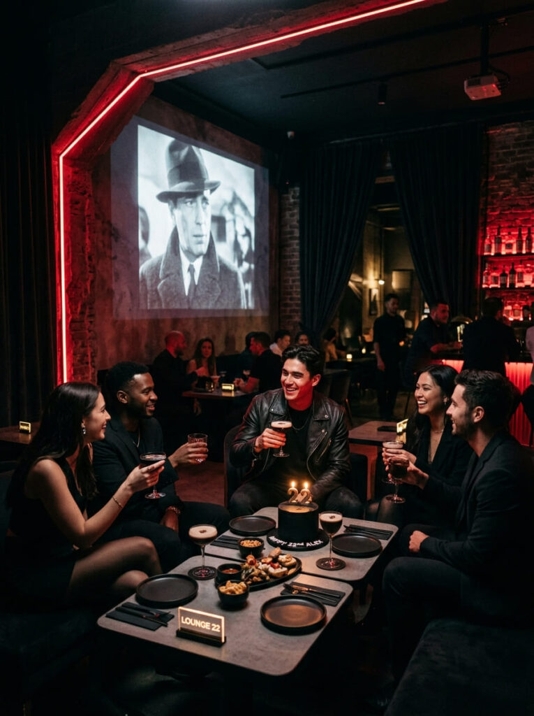 Neo-noir cinematic birthday lounge with deep shadows and crimson lighting.