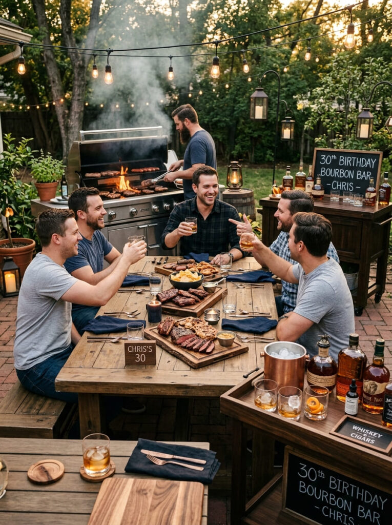 Backyard grill and bourbon birthday theme with warm evening styling