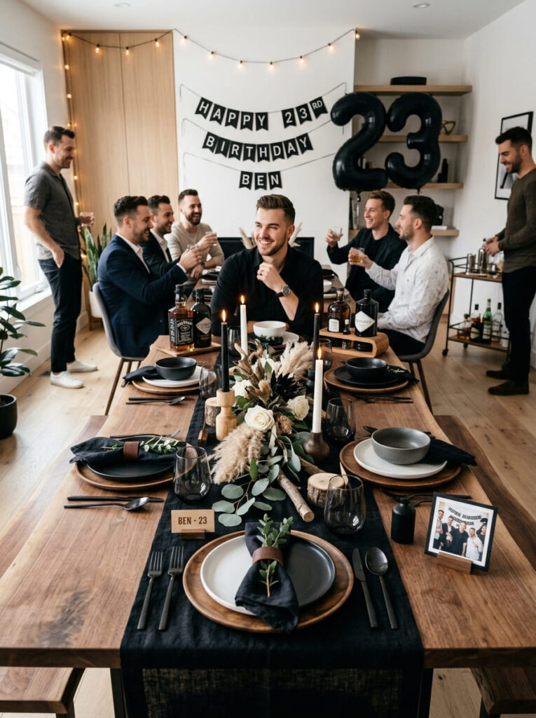 Backyard grill themed 23rd birthday setup with warm evening styling


