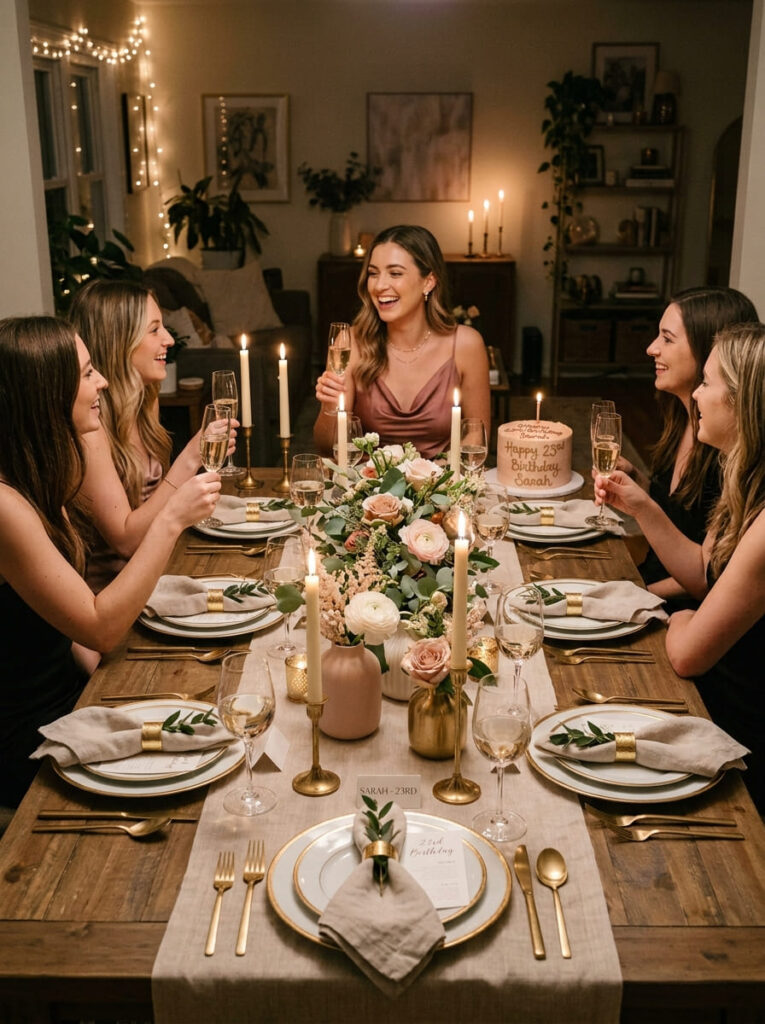 Candlelit dinner party for a 23rd birthday with elegant table decor

