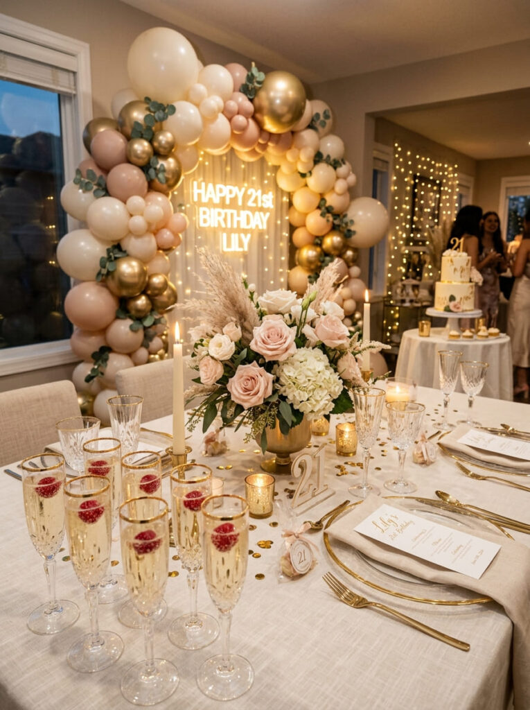 Champagne glam 21st birthday theme with elegant celebratory styling