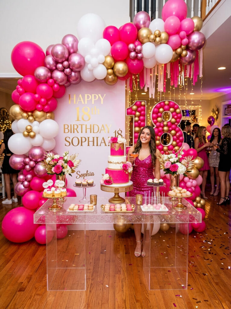 Hot pink luxe 18th birthday theme with bold feminine glam decor