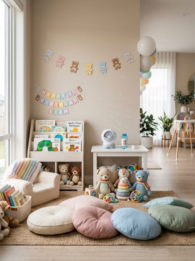 Pastel first birthday activity corner with so  play and rainbow styling
