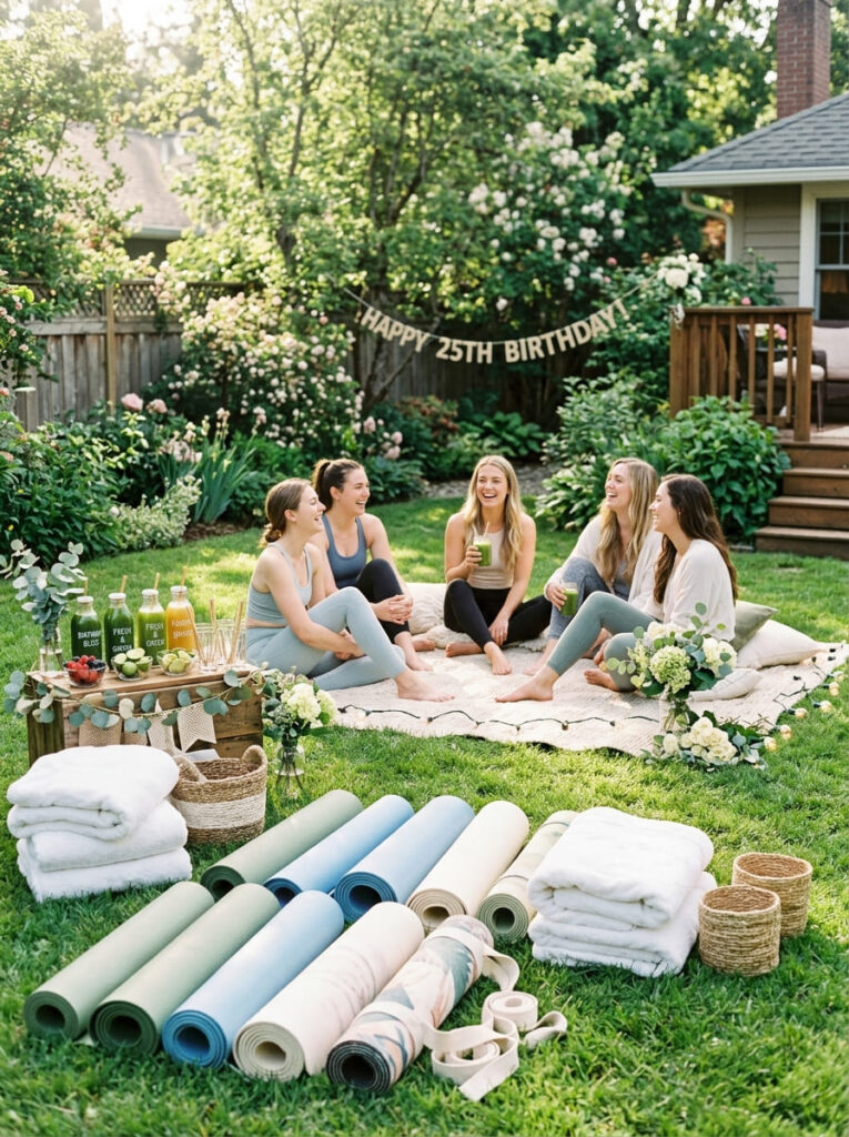 A peaceful backyard wellness setup with yoga mats on green grass, fresh green juices, and soft white towels.