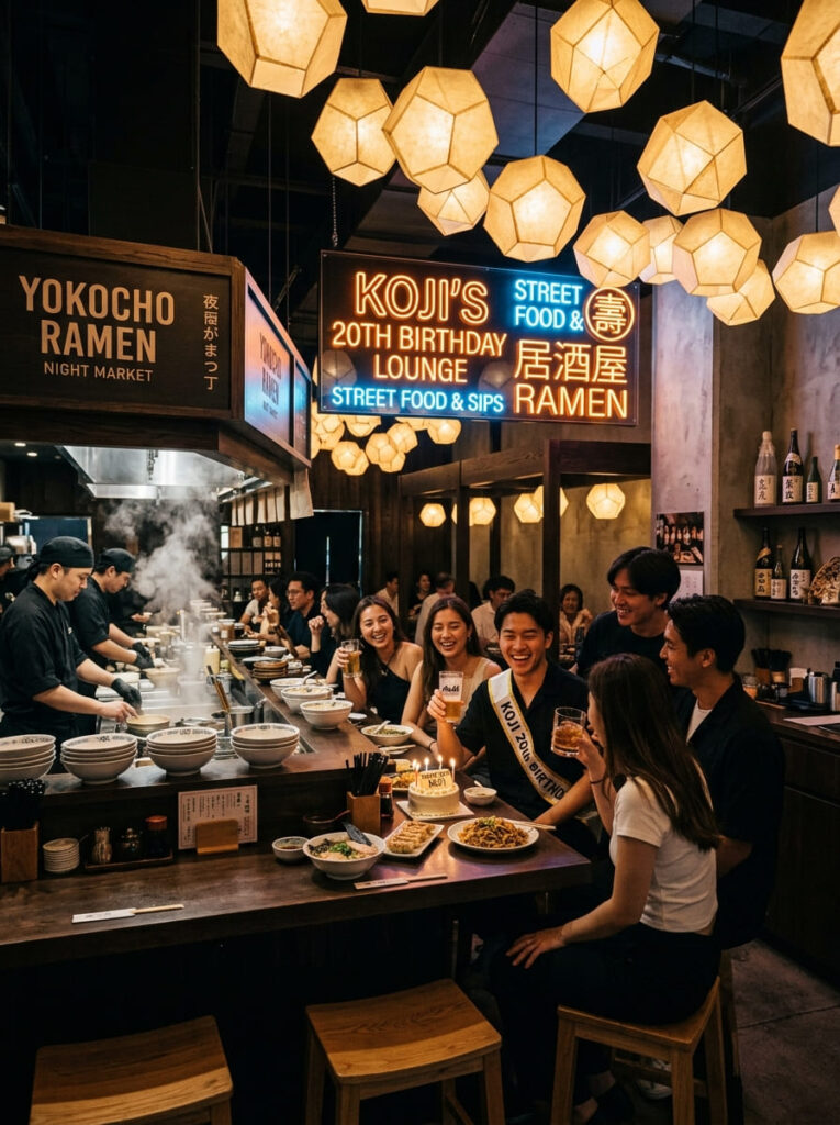 Modern Tokyo night market street food birthday theme with geometric paper lanterns.