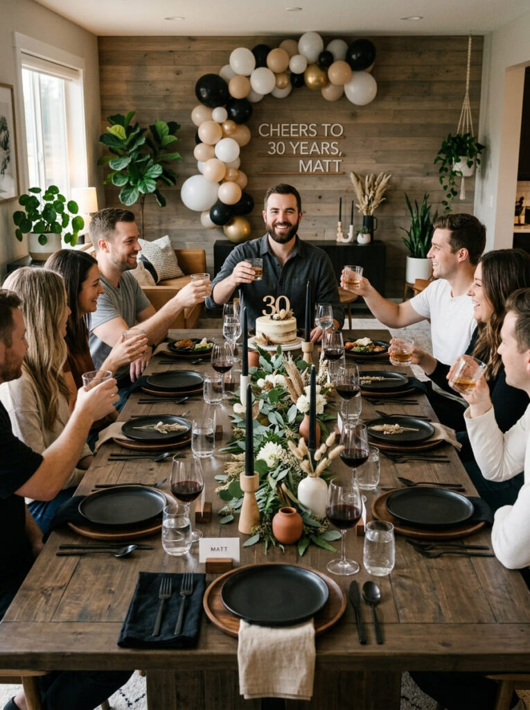 Black, white, and wood tone birthday setup with modern masculine decor