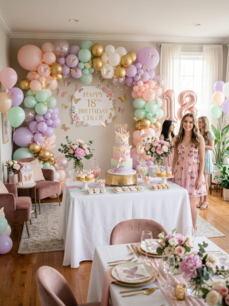Butterfly glam 18th birthday theme with dreamy feminine decor