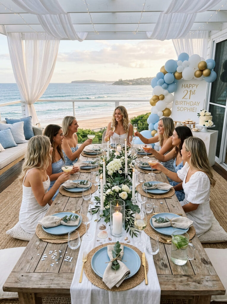 Coastal chic 21st birthday theme with so  blue and neutral decor