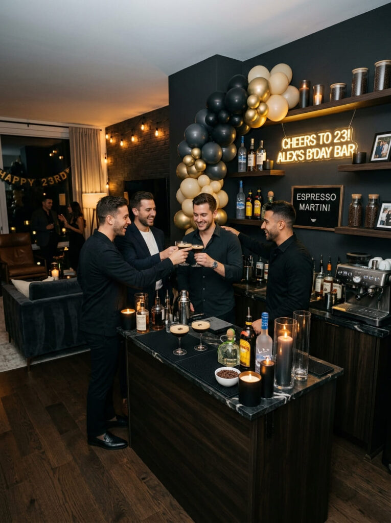 Black, white, and wood tone birthday setup with modern masculine decor

