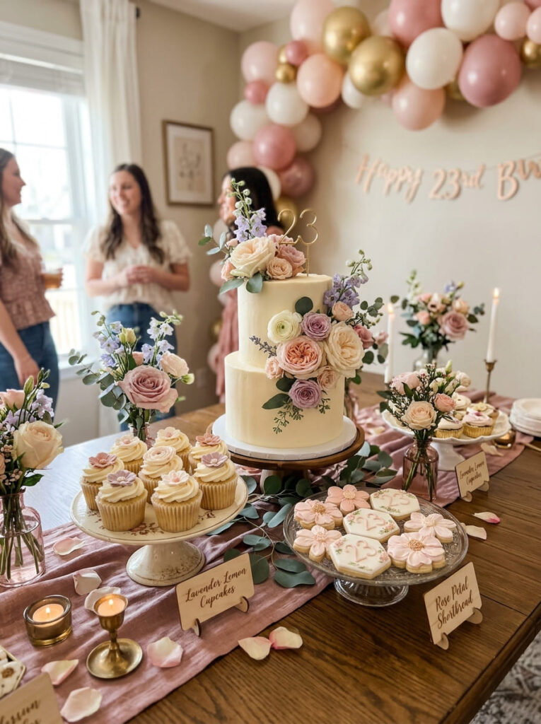 Floral dessert party for a 23rd birthday with coordinated sweets and flowers

