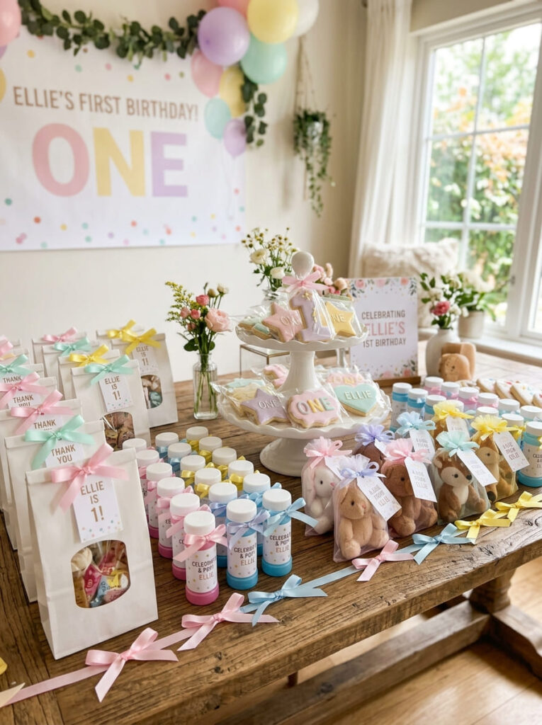 Pastel first birthday favor display with sweet rainbow-themed treats
