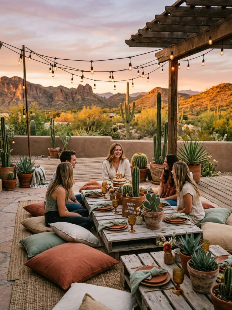 Earthy desert nomad patio lounge with low wooden tables and potted cacti.