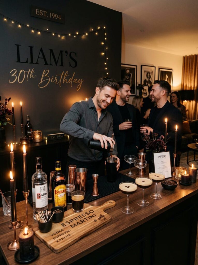 Espresso martini themed 30th birthday party with chic dark styling

